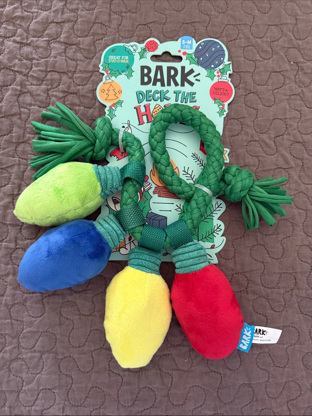 Bark Plush Holiday Light Rope Toy - Green, Blue, Yellow, Red